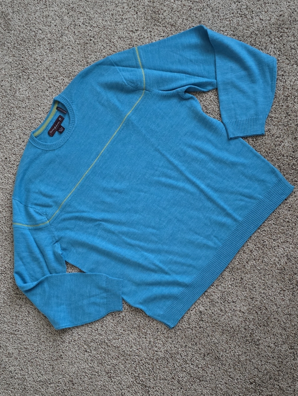 Tommy Bahama Sz L Men's Crewneck Sweater in Aqua with Lime Stitch Merino Wool